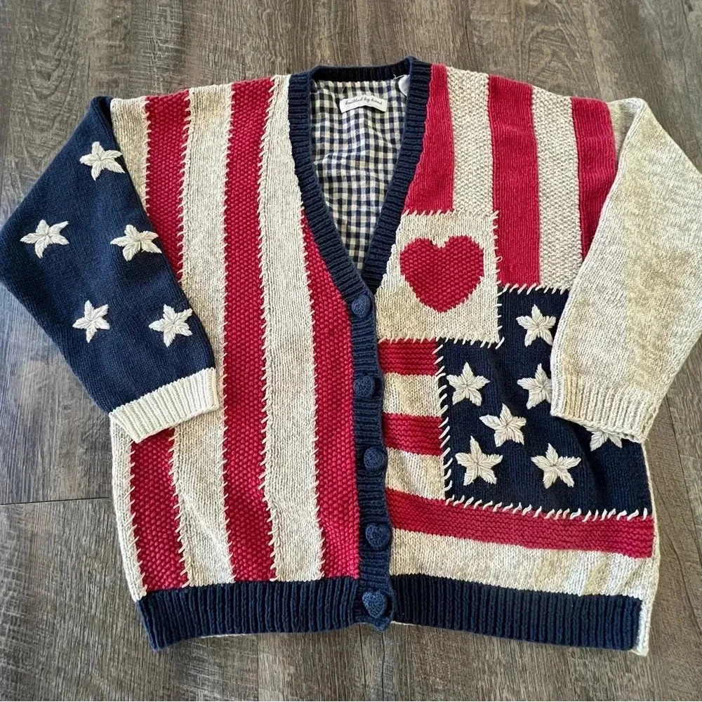Marisa Christina USA 4th of‎ July Cardigan Vintage Sweater Hand Knit Retro Flag